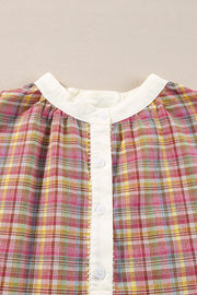 Pink Colorblock Plaid Patchwork Henley Blouse