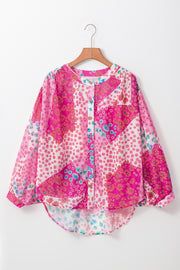 Rose Red Floral Allover Print Buttoned V Neck Oversized Shirt