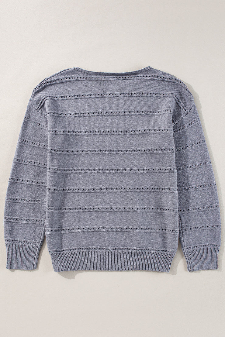 Light Grey Boat Neck Drop Shoulder Pointelle Knit Sweater