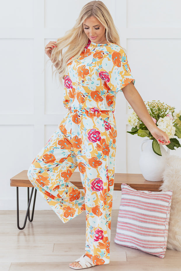 Orange Vibrant Floral Printed Short Sleeve Top 2 Piece Pants Set