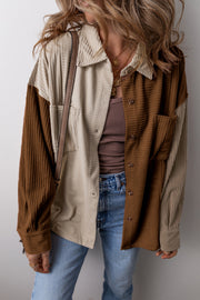 Brown Color Block Chest Pockets Buttoned Corduroy Shacket