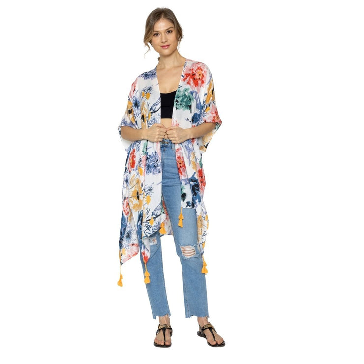 Multi Color Floral Print Tassel Kimono