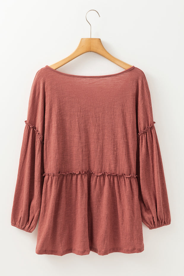 Mineral Red Solid Color Textured Frilled Trim V Neck Puff Sleeve Blouse