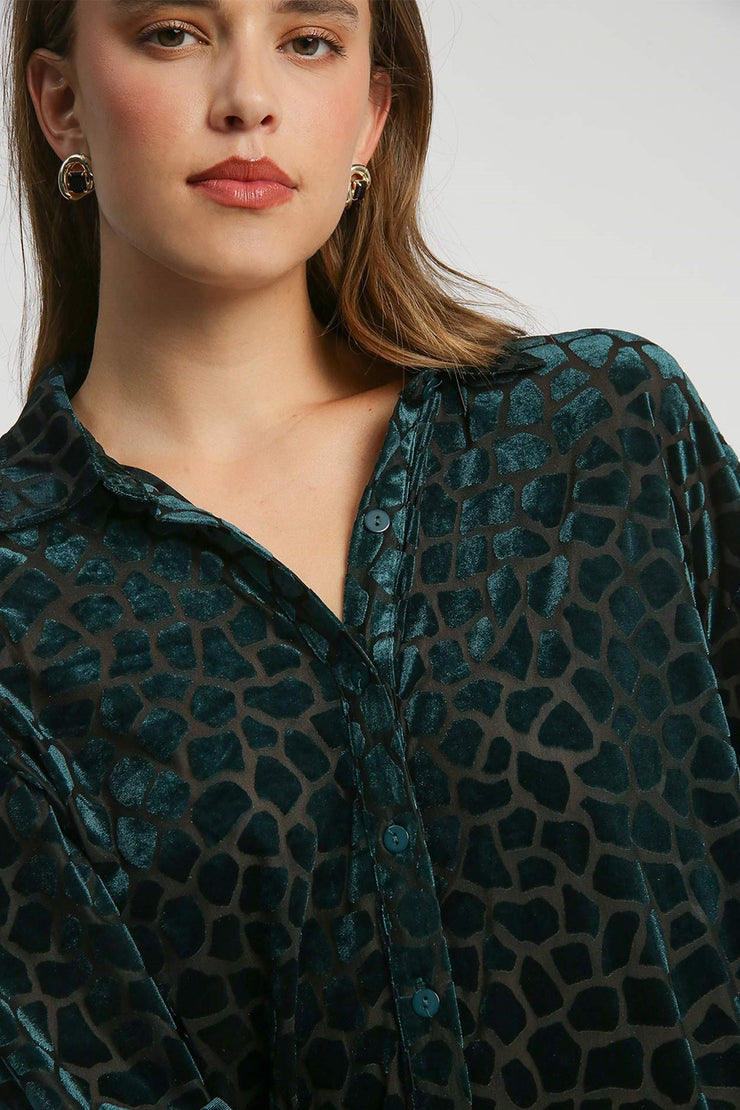 Umgee Animal Print Button Up Velvet Shirt