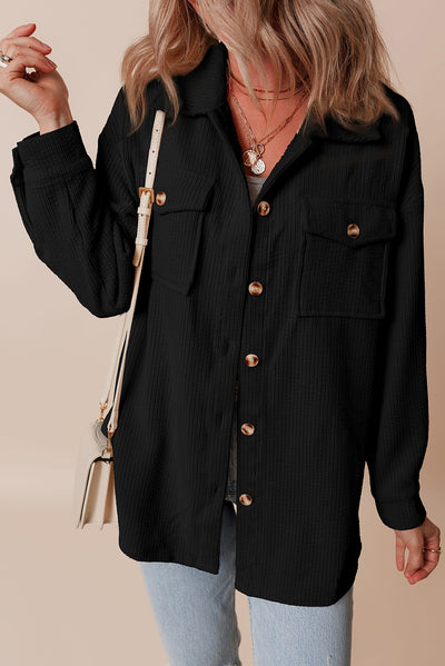 Black Corduroy Flap Pocket Button Up Shacket