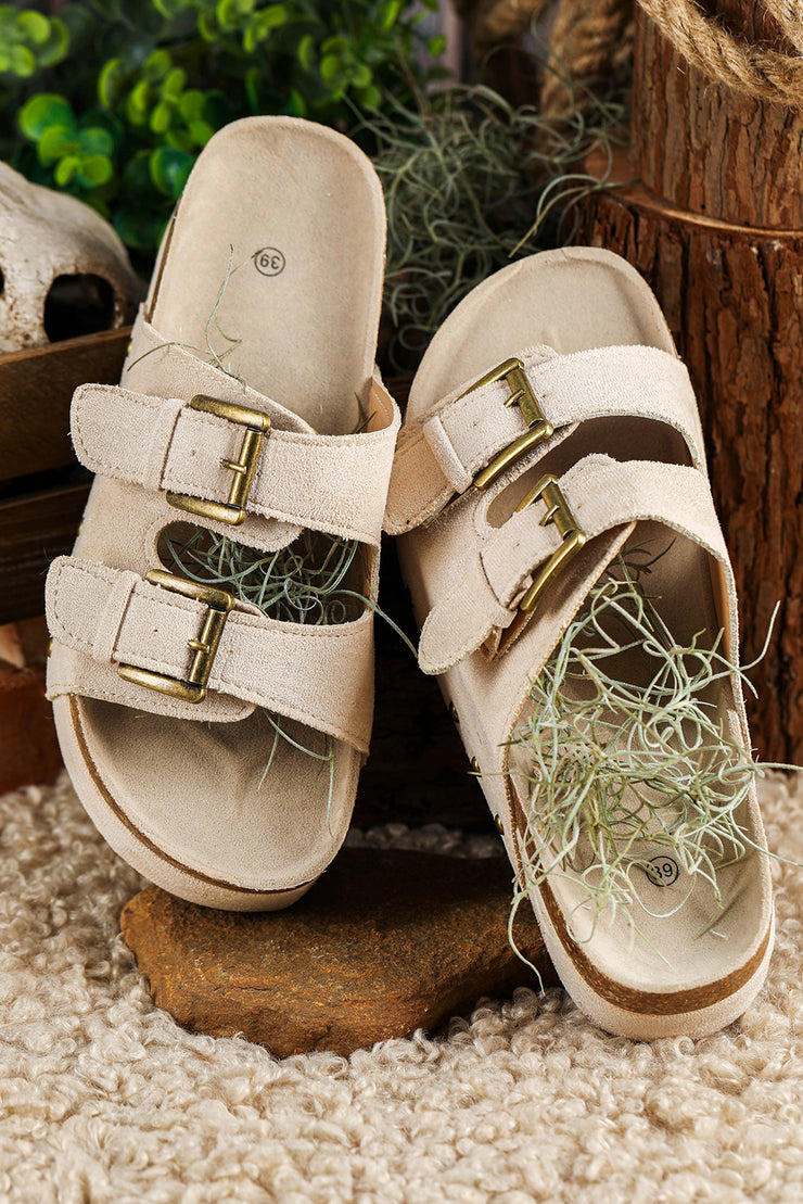 Beige Suede Buckle Decor Corky Platform Slides Shoes