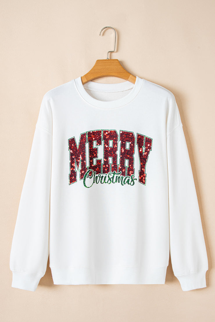 Beige MERRY Christmas Heat Transfer Printing Crewneck Pullover Sweatshirt