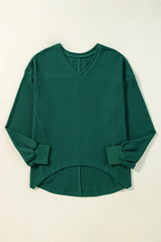 Blackish Green Waffle V Neck Long Sleeve Drop Shoulder Loose Blouse