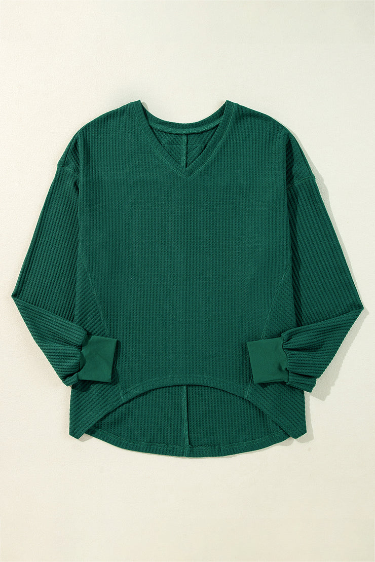 Blackish Green Waffle V Neck Long Sleeve Drop Shoulder Loose Blouse