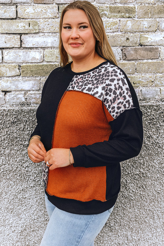 Black Orange Colorblock Leopard Patchwork Waffle Knit Plus Size Top