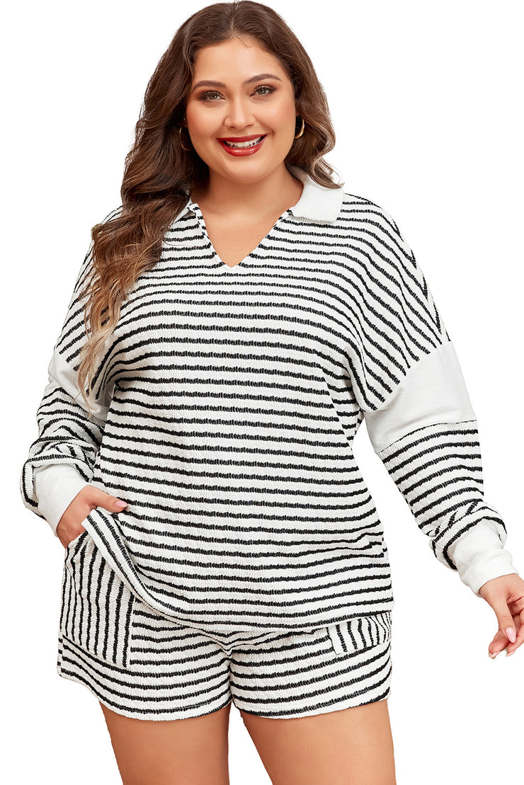 Black Stripe Collared V Neck Long Sleeve Top Plus Shorts Set