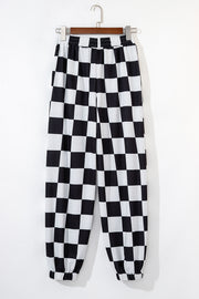 Black Checkerboard Elastic Waist Pocketed Joggers