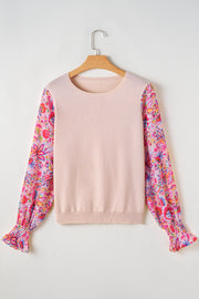 Oatmeal Floral Printed Patchwork Smocked Lantern Sleeve Knit Top