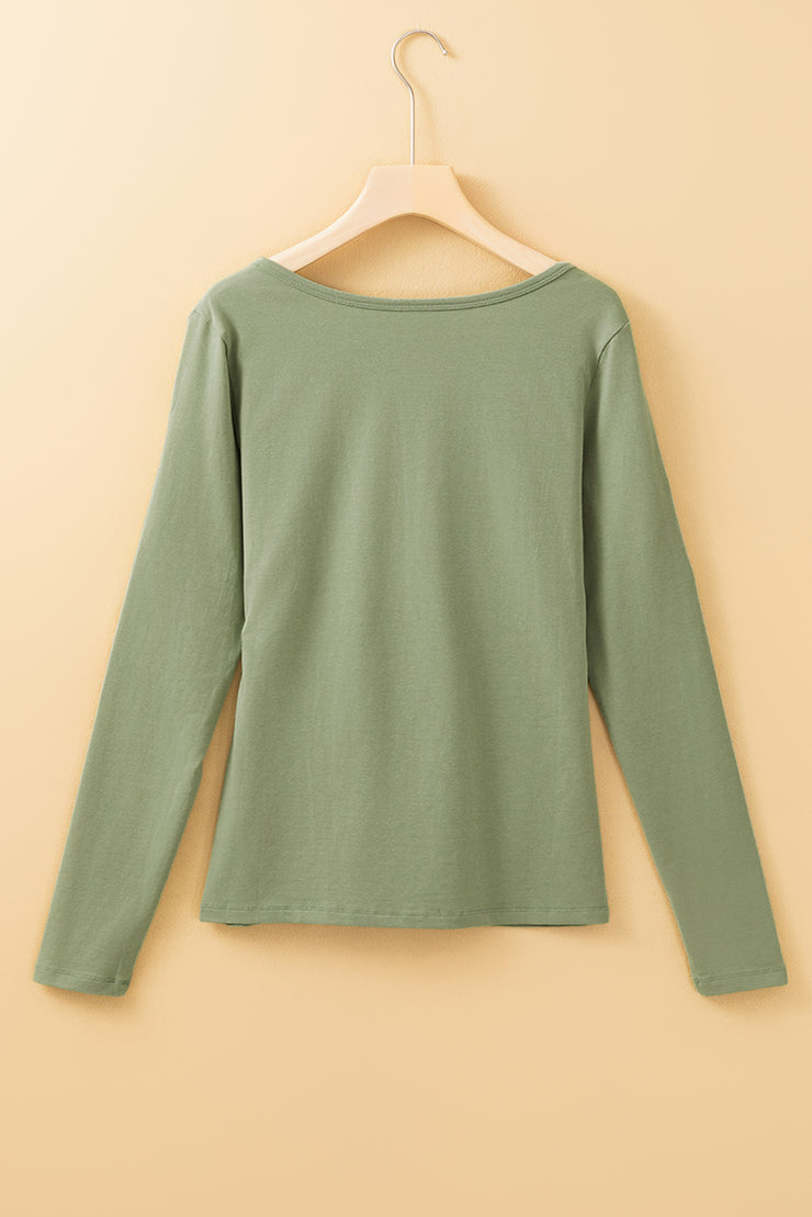 Laurel Green Long Sleeve Buttons V Neck Slim Fit Top