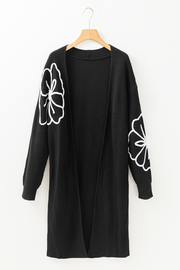 Black Flower Embroidered Drop Shoulder Open Front Duster Cardigan