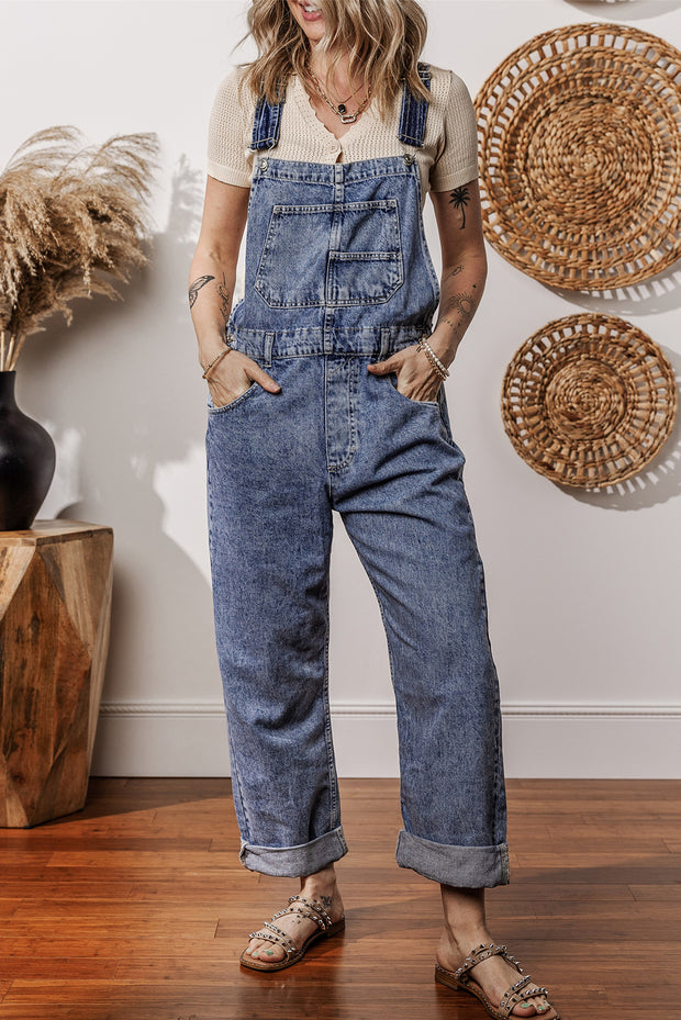 Sail Blue Denim Bib Straight Leg Jumpsuit with Pockets