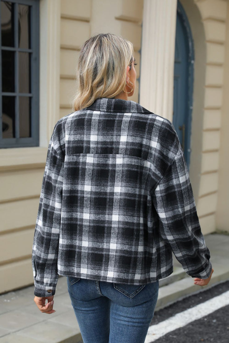 Pocketed Plaid Collared Neck Dropped Shoulder Jacket