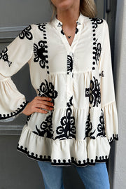 White Abstract Printed Bell Sleeve Buttoned Tiered Babydoll Blouse