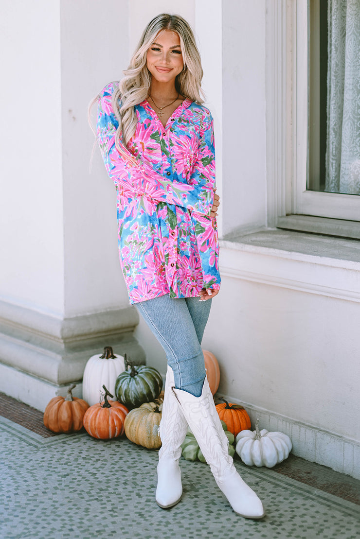 Pink Flower Print Long Sleeve Button Up Cardigan