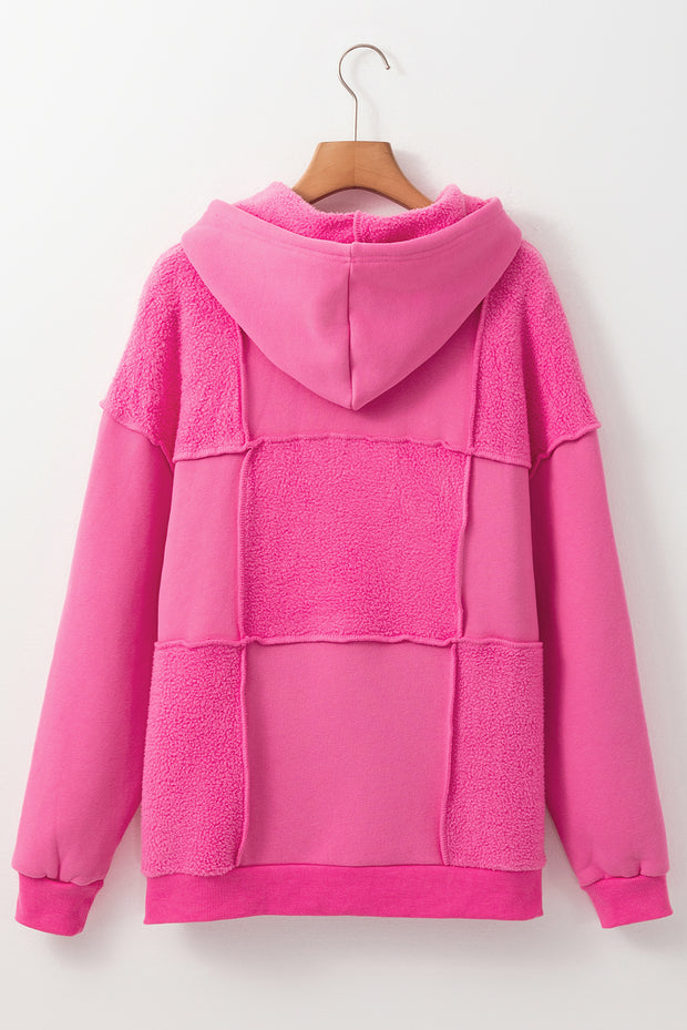 Pitaya Pink Mineral Wash Terry Patchwork Drawstring Hoodie