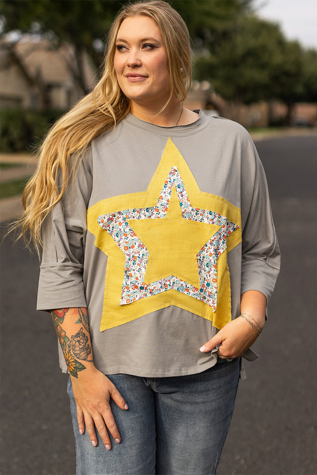 Medium Grey Floral Star Patched Pattern 3/4 Sleeve Plus Size Top