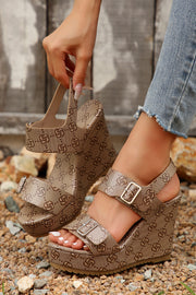 Parchment Flower Print Buckle Strap Leathered Wedge Sandals