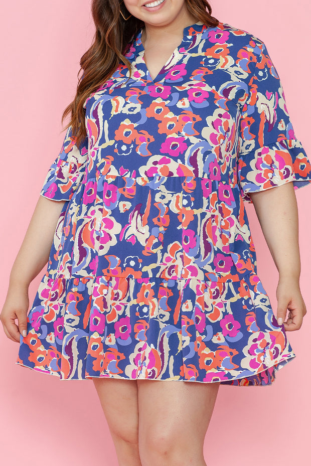 Blue Plus Size Floral Print Ruffled 3/4 Sleeve Mini Dress