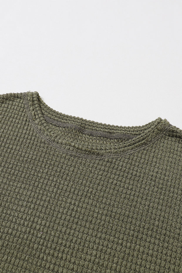 Green Waffle Knit High Slits Oversized Top