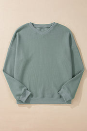 Clearly Aqua Waffle Knit Drop Shoulder V Neck Top