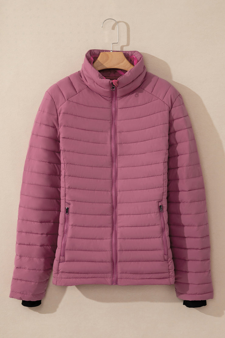 Burgundy Solid Color Quilted Zip-up Puffer Jacket