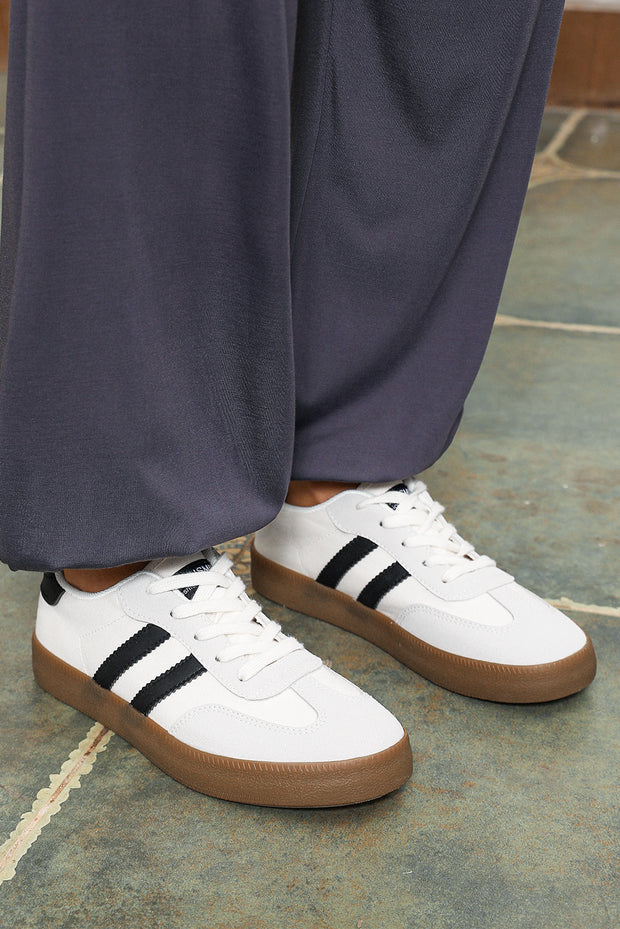 White Striped Lace Up Flat Sneakers