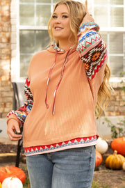 Khaki Aztec Patchwork Waffle Knit Plus Size Hoodie