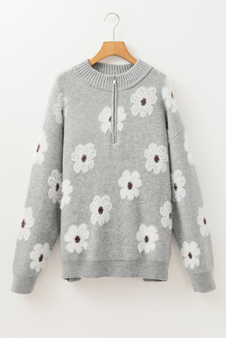 Gray Plus Size Embroidered Floral Pattern Half Zip Sweater