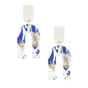 Blue and White Marbled Clay U Drop Earrings