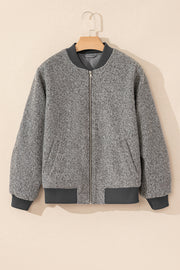 Medium Grey Fuzzy Zip Up Pocketed Sleeve Jacket