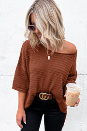 Brown Textured Knit Drop Shoulder Tee