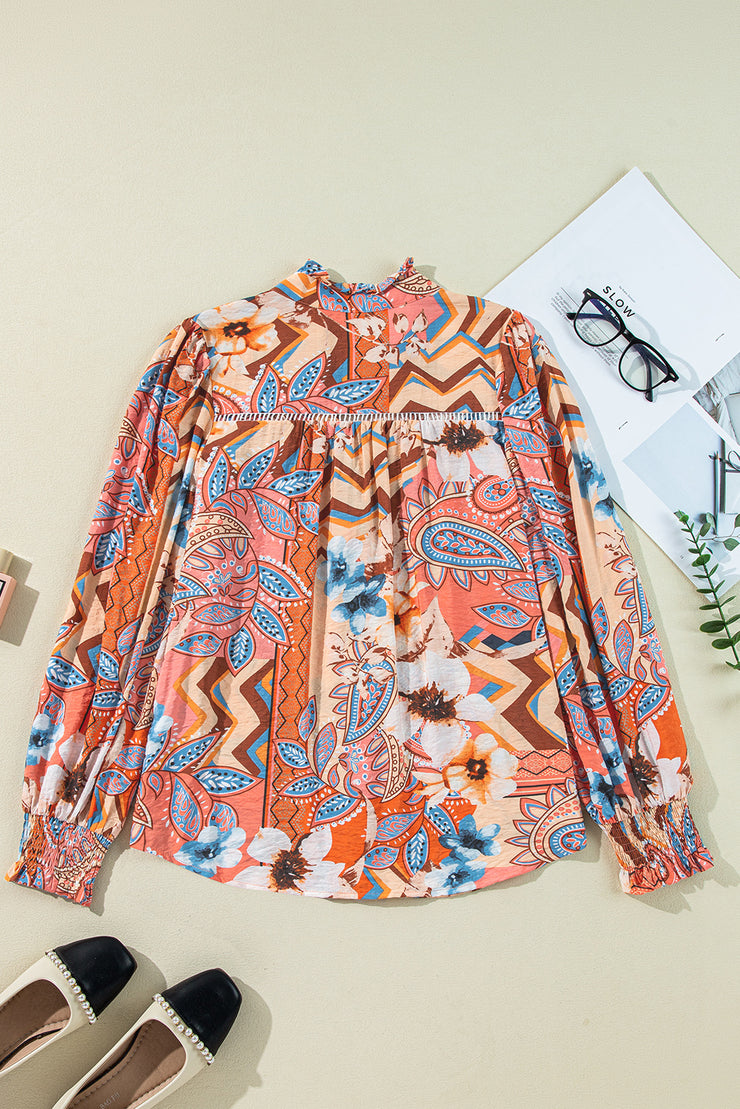 Orange Floral Print Shirred Cuff Buttoned Loose Shirt