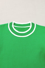 Bright Green Edge Piping Ruffled Sleeve Round Neck Knit T Shirt