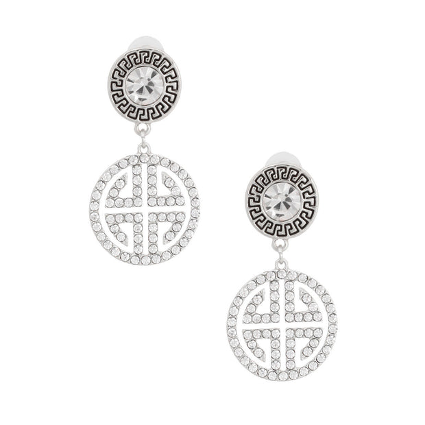 Silver Round Crystal Greek Key Earrings