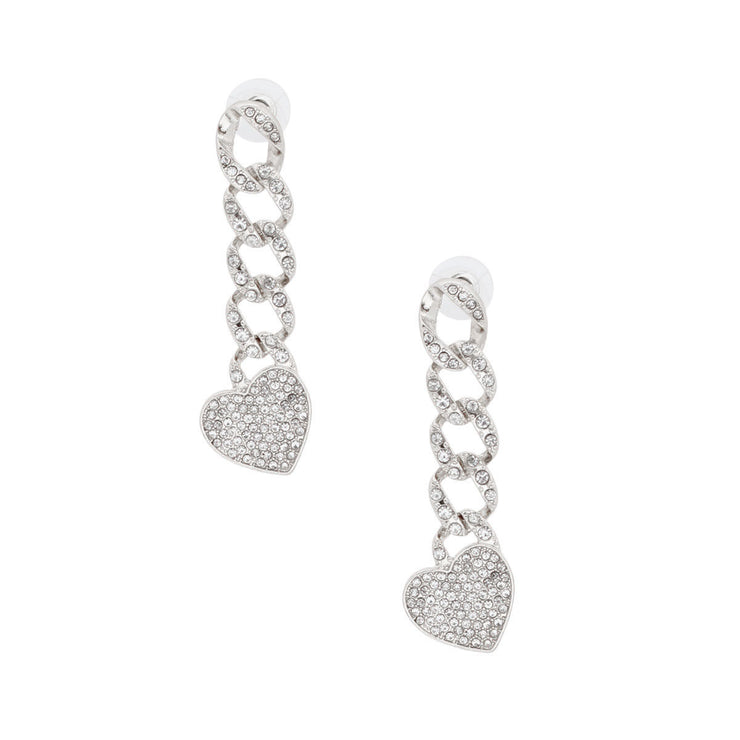 Silver Iced Chain Link Heart Earrings