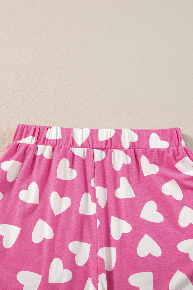 Pink Valentine Heart Shape Print Long Sleeve Top Shorts Lounge Set