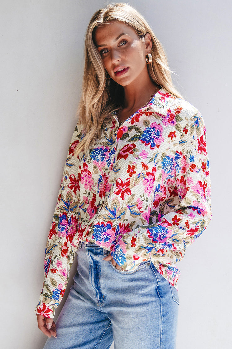 Red Floral Print Slim Fit Buttoned Turn Down Collar Shirt