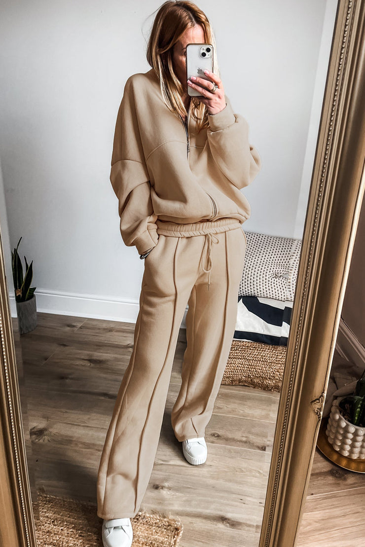 Apricot Solid Seamed Zipper Jacket and Drawstring Waist Pants Set