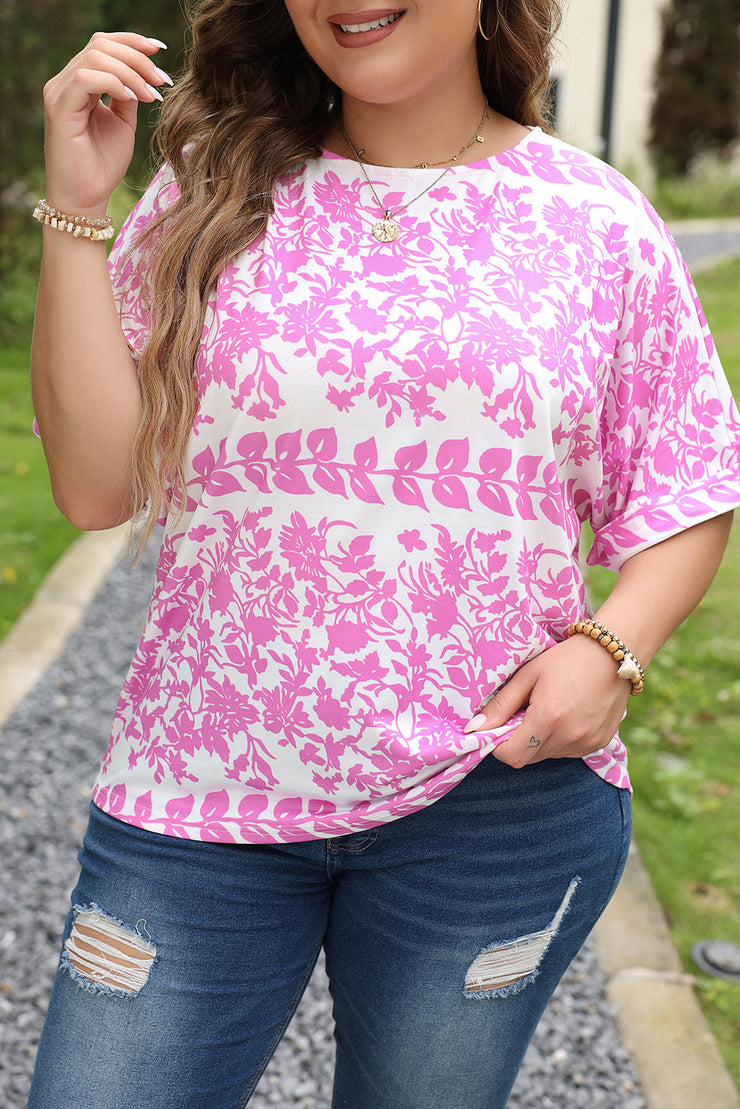 White Floral Printed Curved Hem Plus Size T Shirt