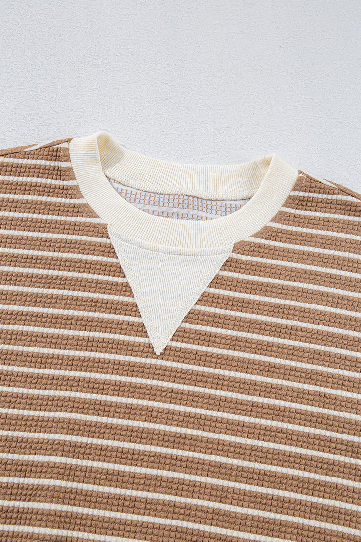 Khaki Stripe Patched Edge Textured Round Neck Long Sleeve Top