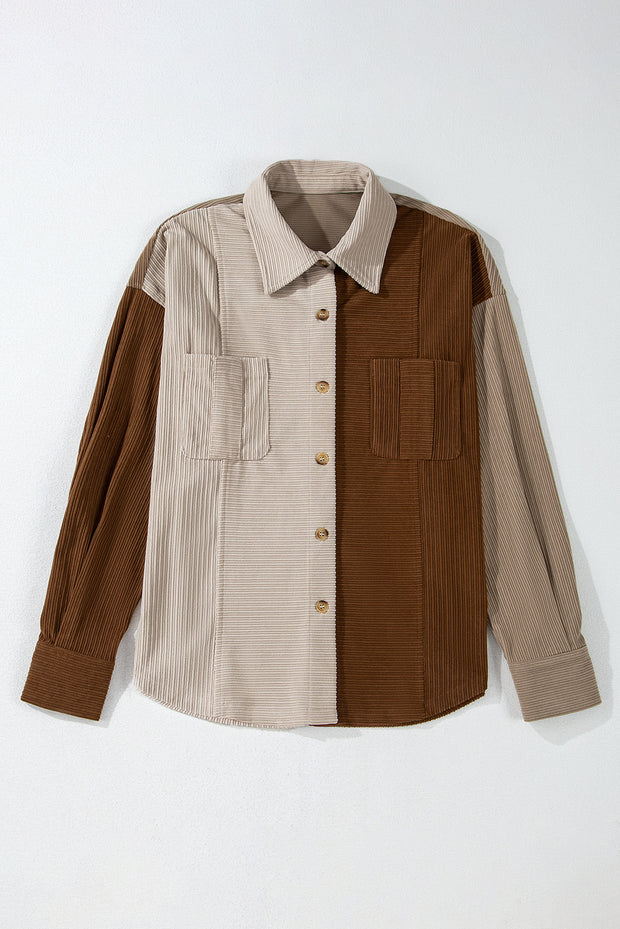 Brown Color Block Chest Pockets Buttoned Corduroy Shacket