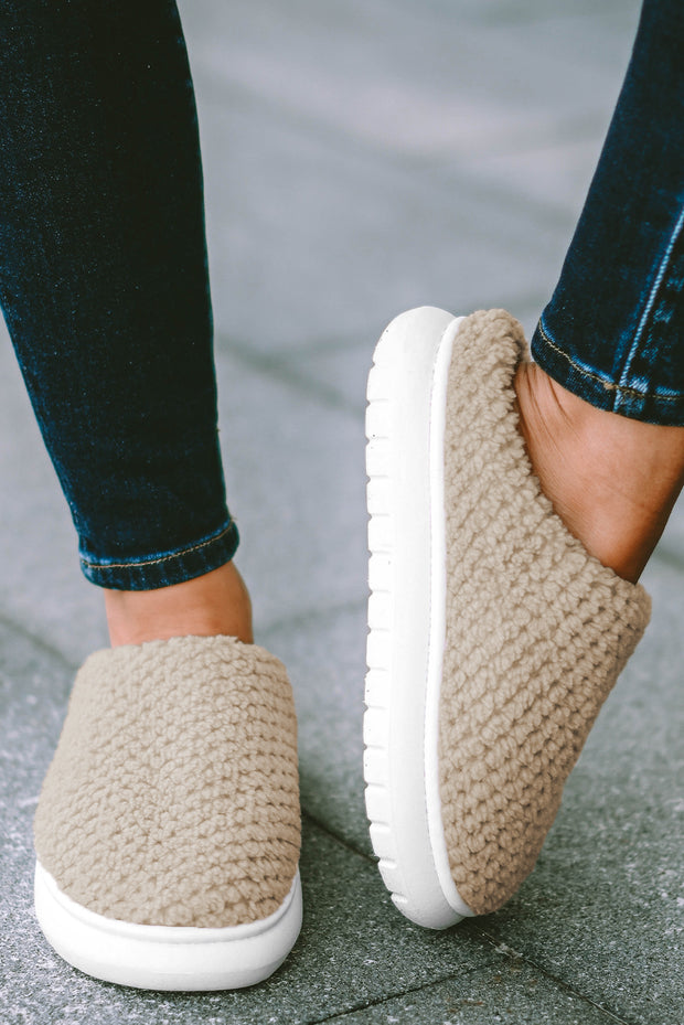 Pale Khaki Two-tone Knitted Warm Homewear Slippers