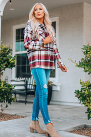 Fiery Red Geometric Plaid Print Pocketed Shacket