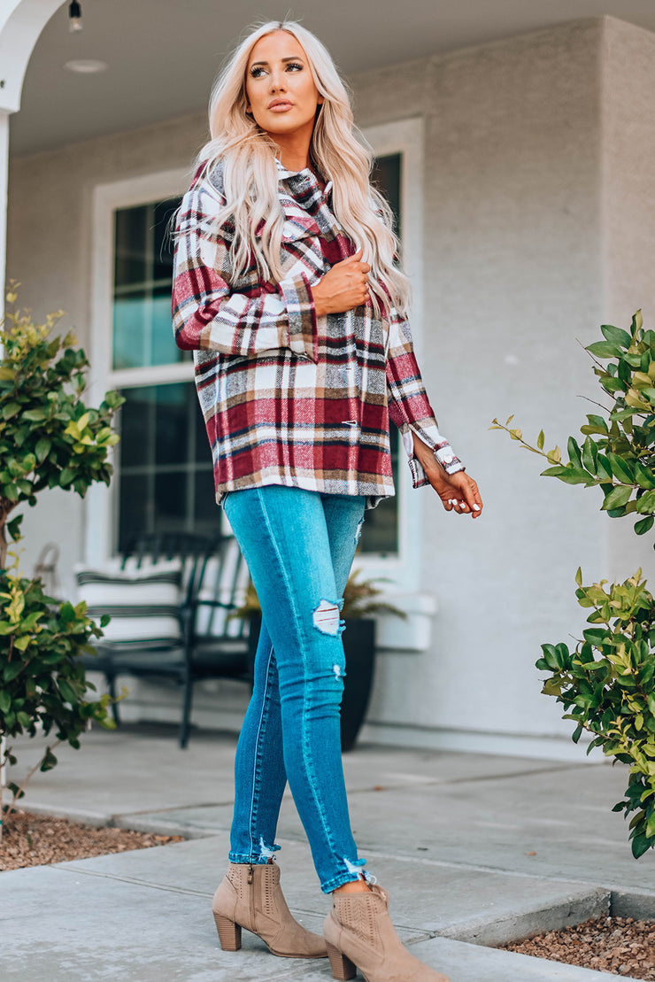 Fiery Red Geometric Plaid Print Pocketed Shacket