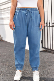 Dusk Blue Drawstring Waist Pocketed Plus Size Denim Joggers